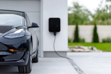 Fototapeta na wymiar Charging an electric vehicle at home with a modern wall-mounted charger, showcasing eco-friendly transportation and residential energy solutions.