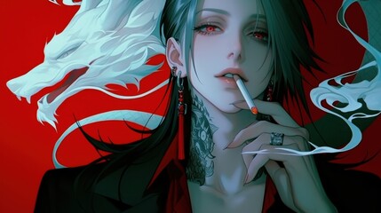 Anime style portrait of a young man with a dragon, smoking cigarette and tattoo art