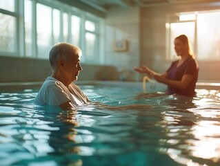 Hydrotherapy session promoting relaxation and healing for elderly individuals in a serene aquatic environment during sunset. Generative AI
