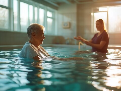 Hydrotherapy session promoting relaxation and healing for elderly individuals in a serene aquatic environment during sunset. Generative AI