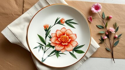 Elegant Orange Flower Plate Table Setting Floral Decor Gold Rim