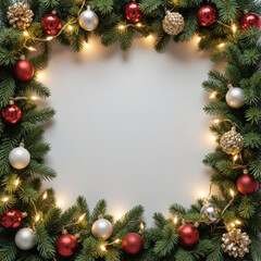 Festive wreath adorned with ornaments, lush greenery with fairy lights, perfect for holiday greetings or seasonal decor.