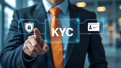 Business man working on virtual touch screen presses abbreviation: KYC. Concept of KYC Know Your Customer. E-KYC Marketing Client Identification Technology. man