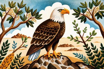 eagle in savanna landscape abstract cartoon illustration