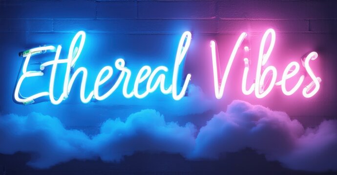 Neon sign ethereal vibes glowing celestial clouds soft light streaks otherworldly glow bright colorful realistic photo