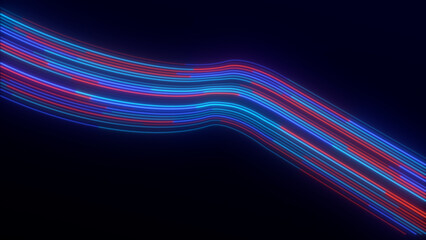 Abstract magic background of dynamic neon lines glowing on the dark background.Animations of fast moving blue and red lines.Fantastic concept for video