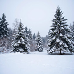 Naklejka premium Snowy winter landscape, evergreen trees blanketed in white snow, serene atmosphere, perfect for winter-themed design or relaxation.