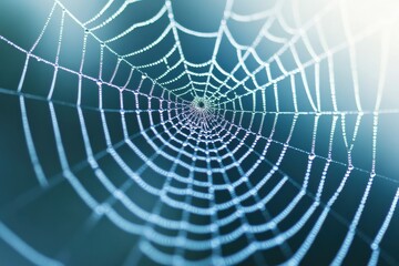 Naklejka premium Close-up of a raindrop-covered spiderweb in a misty forest