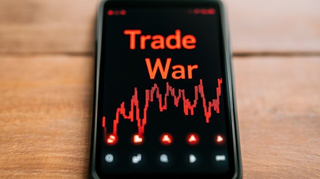Stock market app analysis of trade war trends on smartphone business setting digital visualization close-up