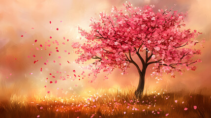 A pink cherry tree in full bloom with petals floating gently down in the warm spring air, creating a calm scene.