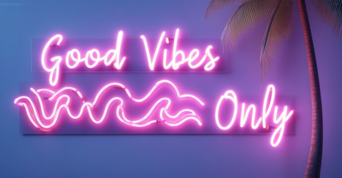 Neon sign good vibes only glowing palm tree tropical sunset hues smooth electric waves background bright colorful realistic photo
