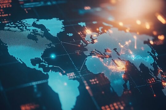 Futuristic digital world map with glowing data points and network connections, representing global communication and technology