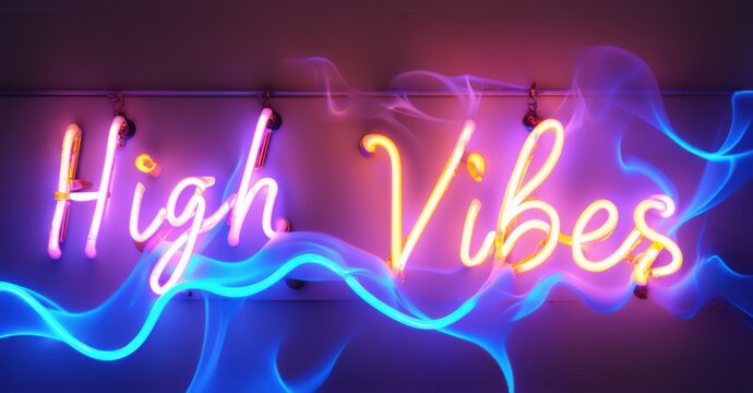 Neon sign high vibes floating smoke trails psychedelic color waves glowing abstract patterns bright colorful realistic photo - Powered by Adobe