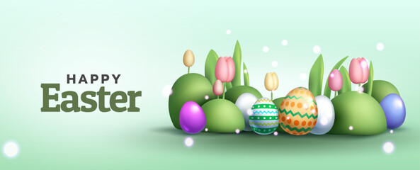 Happy Easter with decorated eggs and tulips on a soft green background. Vector Illustration