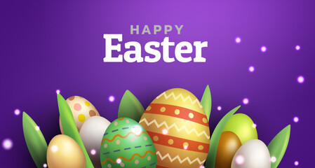 Vibrant Easter eggs with intricate patterns on a purple background. Vector Illustration