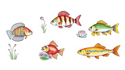Colorful Fish Illustration Aquatic Life Pond Nature Water Plants Tropical Fish Marine Ocean Sea