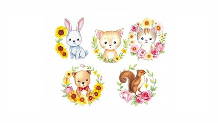 Fototapeta premium Adorable Baby Animals in Flower Wreaths Cute Bunny Kitten Bear Squirrel Illustration