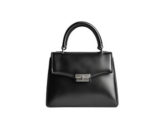 A black leather handbag placed centrally on a solid white background, isolated in PNG format, perfect for fashion, retail, and lifestyle designs.

