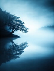 Fototapeta premium A tranquil scene of a solitary tree reflected in still water under a misty, serene sky