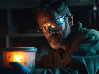 Scientist reveals glowing substance in a dimly lit laboratory, exploring the mysteries of chemistry and discovery. Generative AI
