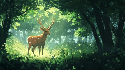 Fototapeta premium Majestic deer in sunlit forest clearing surrounded by lush greenery