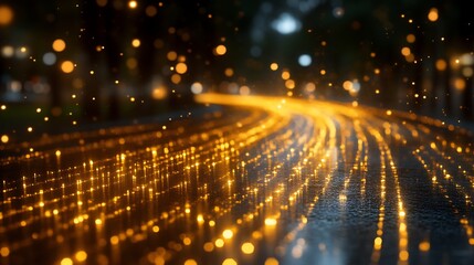 Golden Lights Reflecting On Wet Road At Night