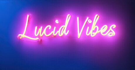 Neon sign lucid vibes glowing dream portal floating surreal elements soft blurred reflections bright colorful realistic photo