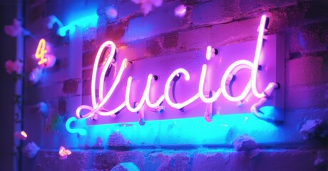 Neon sign lucid vibes glowing dream portal floating surreal elements soft blurred reflections bright colorful realistic photo
