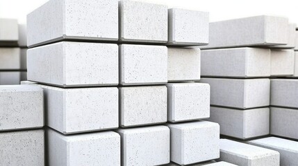 Off White Lightweight Concrete Blocks Stacked Neatly Against White Background