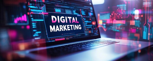 Digital Marketing On Laptop Screen With Neon Lights