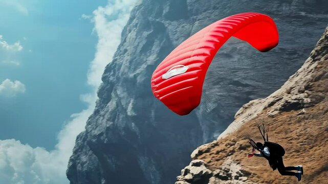 Soaring through the skies near majestic cliffs as a daring adventurer experiences the thrill of paragliding above fluffy clouds at sunrise