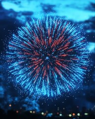 Fototapeta premium A vibrant display of colorful fireworks bursts in the night sky, illuminating the dark backdrop. Below, a bustling city skyline sparkles with lights, creating a festive atmosphere.
