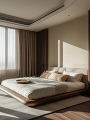 A bedroom with a large comfortable bed and curtains