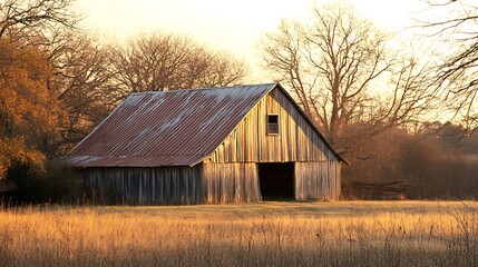 Obraz premium Rustic Barn in Golden Field at Sunset Peaceful Countryside Scene