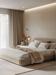 A well lit bedroom interior with an elegant bed and a rug