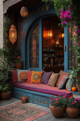 Photographie immobilière extérieure d’un petit balcon contemporain avec un espace salon, une décoration bohème moderne chaleureuse, un éclairage doux et des plantes en pot luxuriantes. idées déco