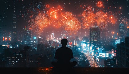 Fototapeta premium A man in silhouette watching fireworks explode over a bustling city at night, surrounded by bright city lights and a starry sky, lost in thought