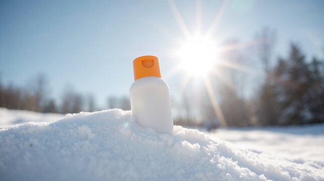 A mock-up of a bottle of sunscreen with a refreshing mood on a snowy background, illuminated by bright sunlight