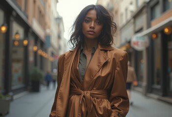 Fototapeta premium Woman in Satin Brown Robe with City Street Scene