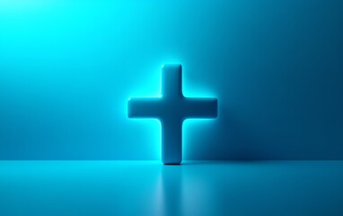 Obraz premium A minimalist futuristic medical cross icon in bright blue, with a modern, abstract design, placed against a clean, vivid blue background for a health and safety theme