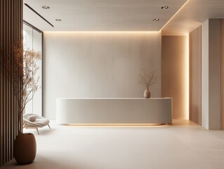 Empty modern interior shows a minimalist reception area