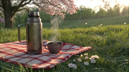 Steaming cup and thermos on a checkered blanket in a lush field, capturing a cozy outdoor moment