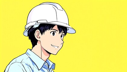 A cartoon illustration of a man wearing a white hard hat and blue collared shirt.