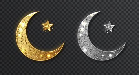 Glitter golden and silver crescent isolated. Traditional Islamic half moon. Ramadan or Al-Adah decoration design. © Southsticks