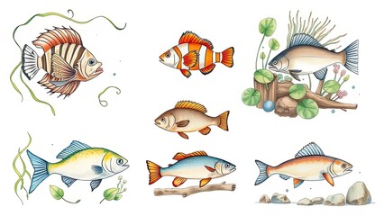 Naklejka premium Colorful Fish Illustration Set Aquarium Pond Marine Life Aquatic Animals Underwater World