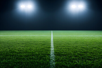 Obraz premium Nighttime sports field: Close-up of a vibrant green playing field illuminated by stadium lights, creating a striking contrast with the dark sky. Focus on texture and color.