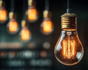 Glowing light bulbs inside, blurry cafe background, energy concept