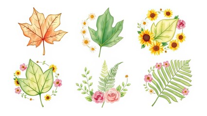 Autumn Leaves Sunflowers Roses Fern Floral Wreath Watercolor Botanical Illustration