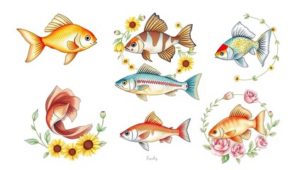 Colorful Fish Illustrations Floral Wreaths Aquatic Life Sunflowers Roses Goldfish Koi