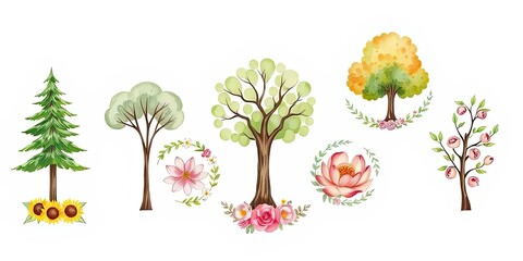 Watercolor Tree Collection Spring Summer Autumn Nature Floral